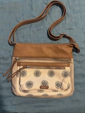Relic Two-Tone Tan and Cream Crossbody Bag with Printed Front